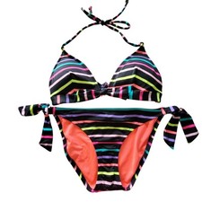 Striped Multicolor Bikini Set Adjustable Halter Top  Tie Side Bottoms Med Women