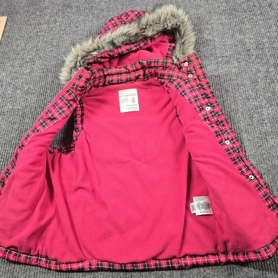 Vintage Aeropostale Vest Womens Medium Pink Plaid Hooded Puffer Faux Fur Lined - Image 3 of 4