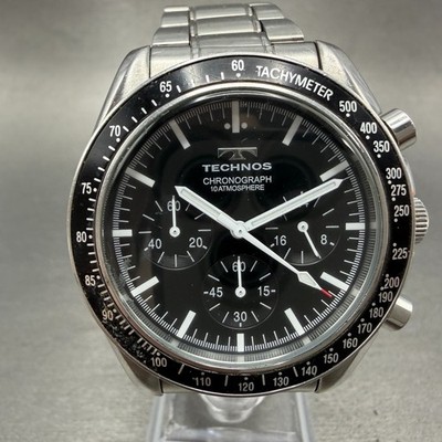 Technos Chronograph Watch Men 42mm Black Dial Silver Tone Round T4146 New Batt L