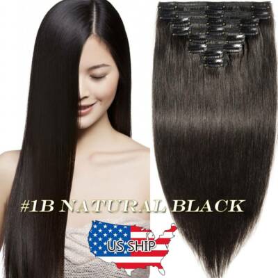 Human Hair Clip In Extension Remy Double Weft Full Head Grey Ombre Highlight US