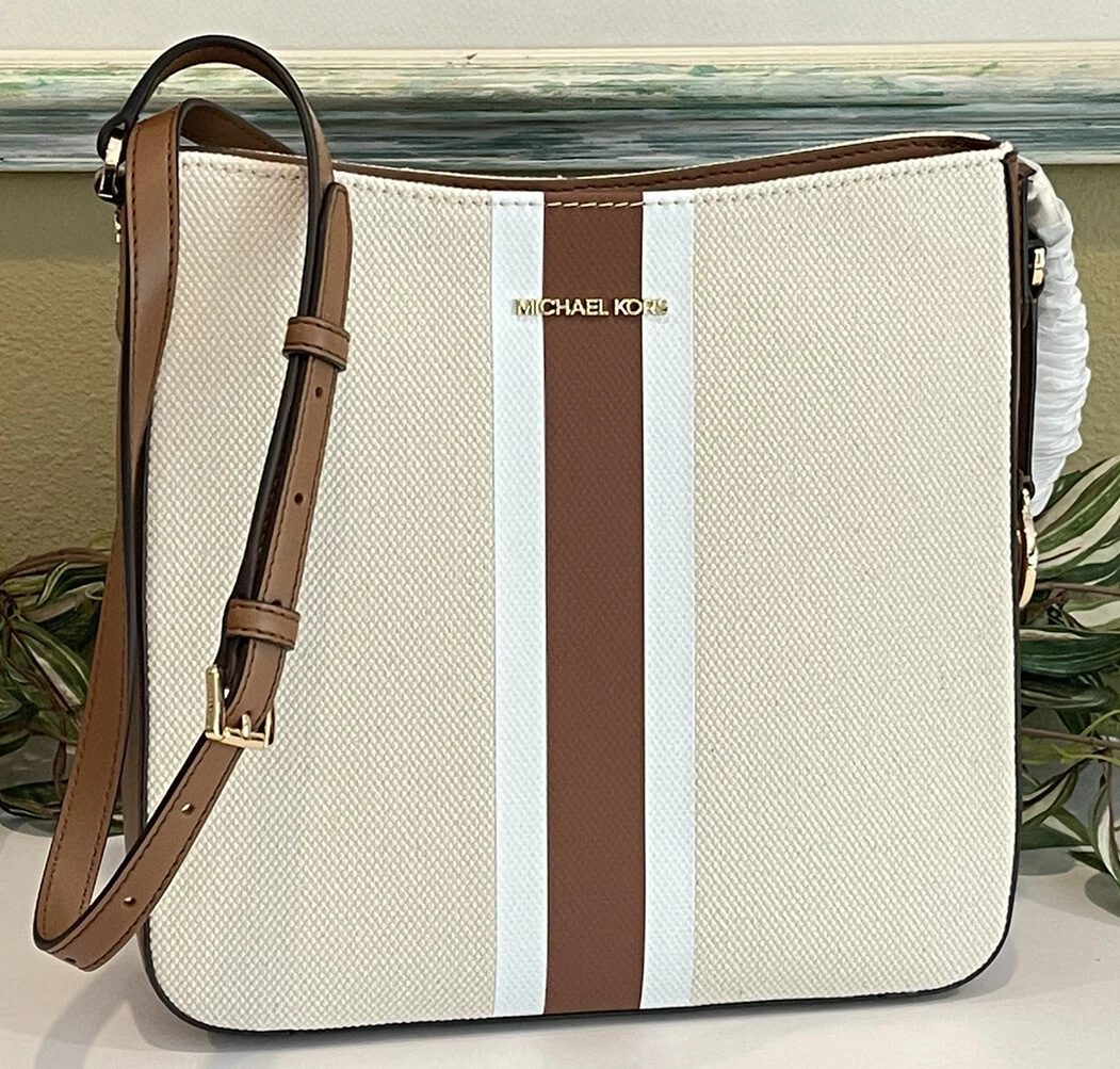 MICHAEL KORS JET TRAVEL LARGE MESSENGER CROSSBODY BAG CREAM CANVAS BROWN  STRIPE