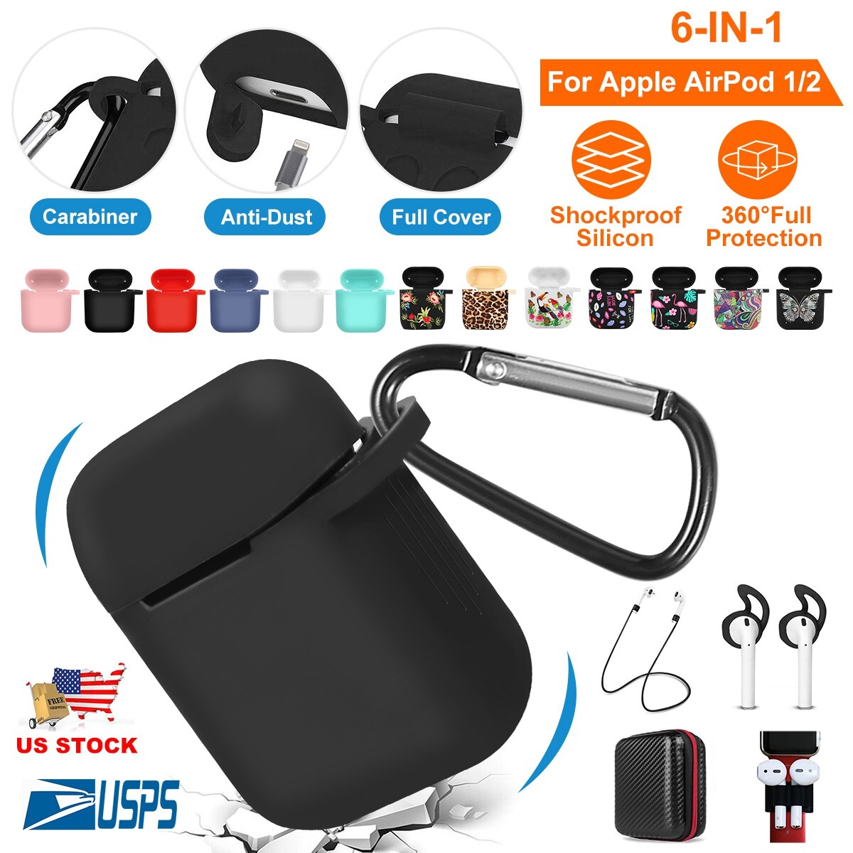 AirPods Silicone Case Accessories Kits Protective Cover Skin w/Strap, Ear Hooks-image