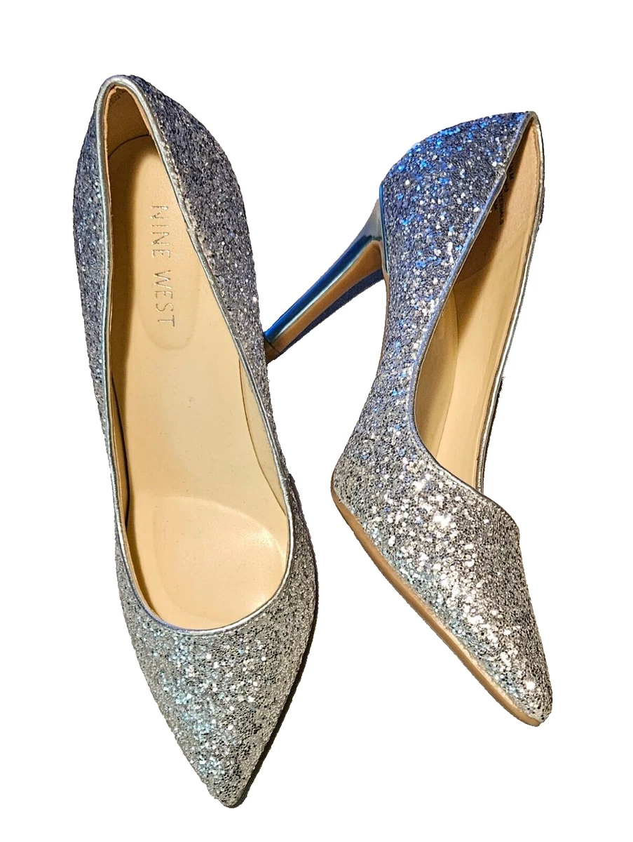 NINE WEST Womens Silver Blue Sparkle Heels Shoes Pumps Size 7.5 Glitter
