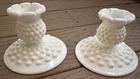 Fenton White Milk Glass Hobnail Candle Holders Pair Lot of 2 4.5” x 3” Vintage
