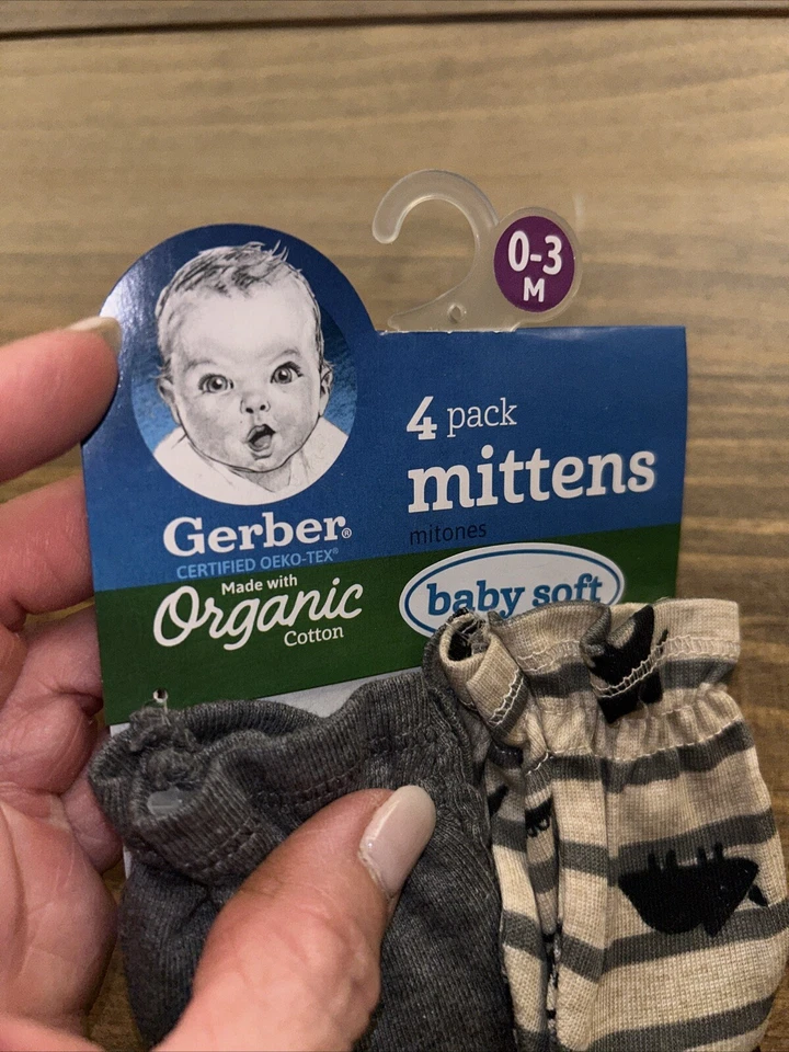 Mitones Gerber bebé niño 0-3 meses dinosaurios gris negro algodón orgánico paquete de 4/ Foto 4 de 4