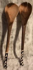Carved Wooden Spoon  Fork Salad Server Set Painted Bone Handle primitive