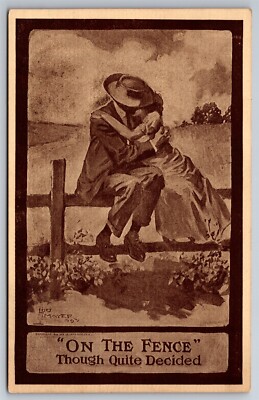 Lovers Kissing While Sitting On The Fence Sepia Romance 1910 DB Postcard M8