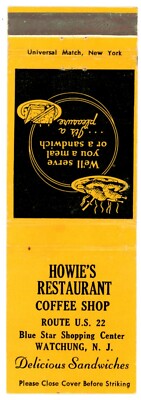 Howie's Restaurant Coffee Shop, Delicious Sandwiches, NJ Vintage Matchbook Cover