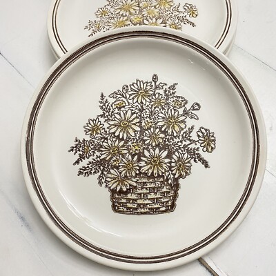 Ironstone Brown White Basket of Daisies Dinner Plates Set of 4 Collectible 
