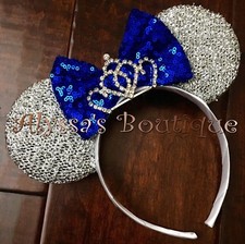 Minnie Mouse Ears Headband Silver With Glittery Blue Bow Tiara Birthday Party