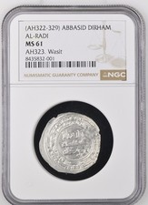 AH322-329 ABBASID AL-RADI DIRHAM AH323. Wasit NGC MS 61 Silver Islamic Coin