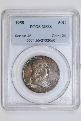 1958 FRANKLIN HALF DOLLAR PCGS MS66 NICE COLOR!