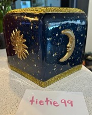 Vintage Celestial Sun  Moon Stars Tissue Box Cover, Blue/Gold Glossy