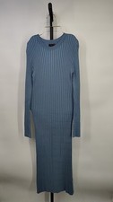 Quince Women Long-Sleeve Ribbed Knit Midi Dress Basic Sleeved Blue L