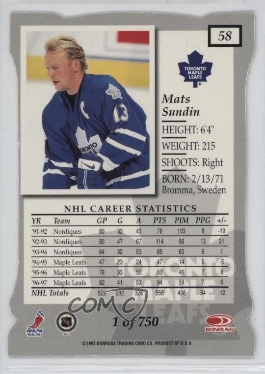 1997-98 Donruss Elite Die-Cut Aspirations /750 Mats Sundin #58 HOF - Image 2 of 2