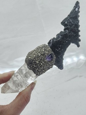  7'' Serrated Black Obsidian Dagger - Clear Quartz Handle w/ Amethyst & Pyrite