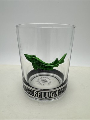 Beluga Premium Russian Vodka Lowball Rocks Tumbler Glass Pewter Base 8 oz Green
