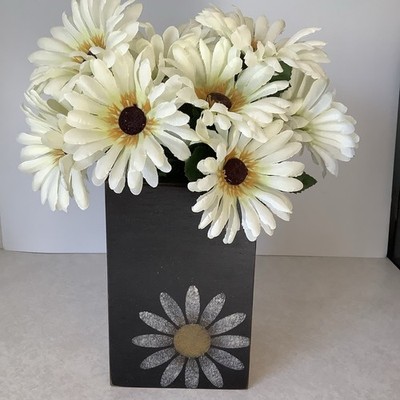 Artificial Flower Arrangement - White Daisies  Painted Black Wood Box  FOLK ART
