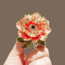 Gold Pink Peony Crystal Flower Brooch Enamel Rhinestone Pin Summer Jewelry Gift