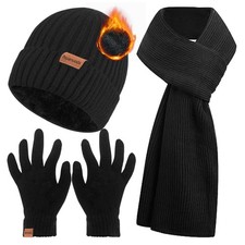 3PCS Winter Beanie Hat Scarf Touchscreen Gloves Set for Men One Size, Black