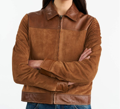 Klassische kurz geschnittene Damen-Wildlederjacke mit Lederbesatz Neuester br...