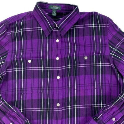 Lauren Ralph Lauren Plaid Button Down Womens Large Purple Flannel Roll Tab Shirt