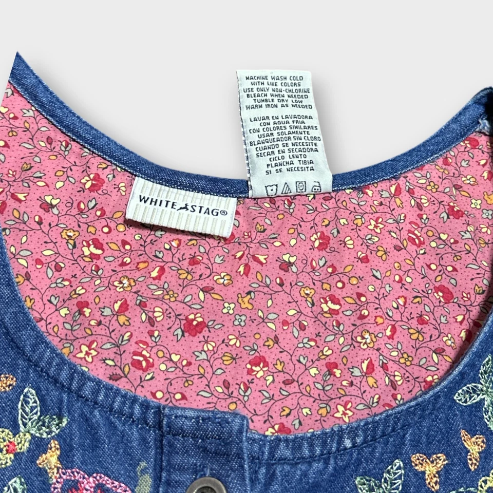 Vtg Womens Dress Sz M Embroidered Floral Denim Maxi Pockets A-Line Retro Teacher - Image 4 of 4