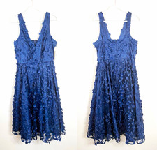 NWT Eliza J V Neck Fit and Flare Dress Navy Blue Floral Appliqué Size 12