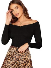 GORGLITTER WOMEN'S OFF SHOULDER TOP T SHIRT LONG SLEEVE SOLID V NECK RIB KNIT