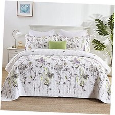 King Quilt Floral Bedspread, 100 Cotton King King 98"x106" White/Purple