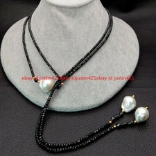 Natural 4mm Faceted Black Spinel White Keshi Pearl Long Necklace 51"