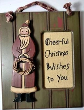 Old World Wooden Santa Country Plaque Stitched "Cheerful Christmas Wishes To...