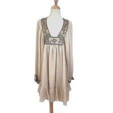 Asos Design Beige Beaded Mini Dress Size 8 Keyhole Blouson Plunge Neckline