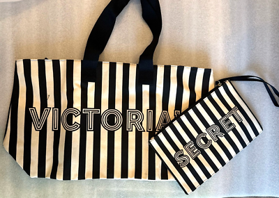 Victoria's Secret Canvas Tote Bag and Wristlet Black White Stripe