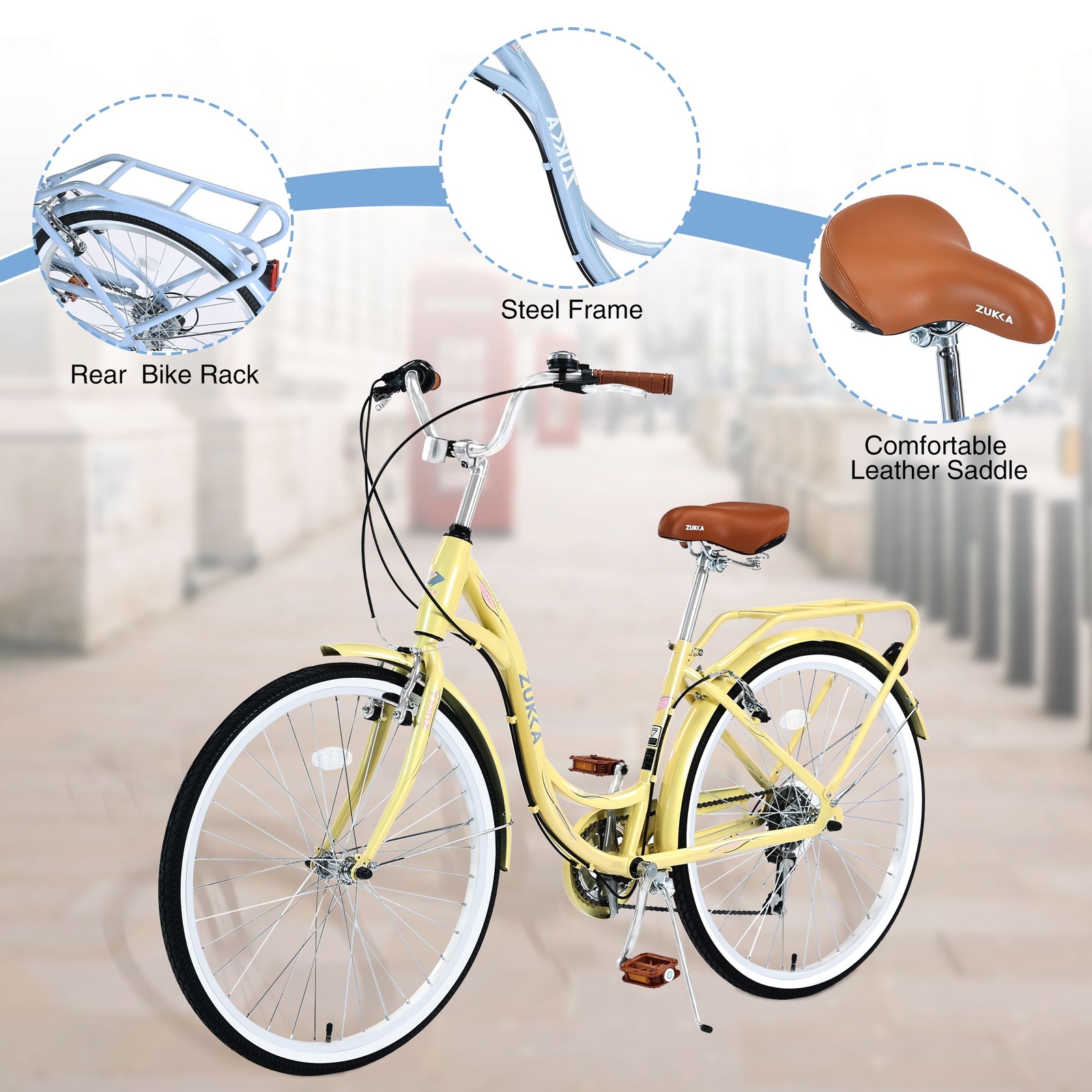 26" Women Adult Mountain Bike Bicycles 7 Speed Steel Frame Double V Brakes Cream