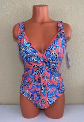 Jantzen Womens Tigerlily Floral Draped Plunge One Piece Swimsuit Multi Size 10