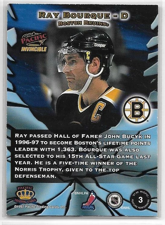 1997-98 Pacific Invincible RAY BOURQUE FEATURE PERFORMERS INSERT Boston Bruins - Image 2 of 2