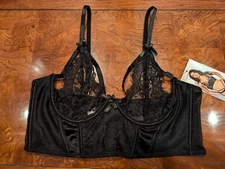 NWT Gorgeous Seven 'til Midnight Black Sheer Satin & Lace Longline Bra  XL