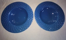 Set of 2 Over & Back Cobalt Blue 12" Pasta Bowls Textur Basket Weave Rim Ceramic