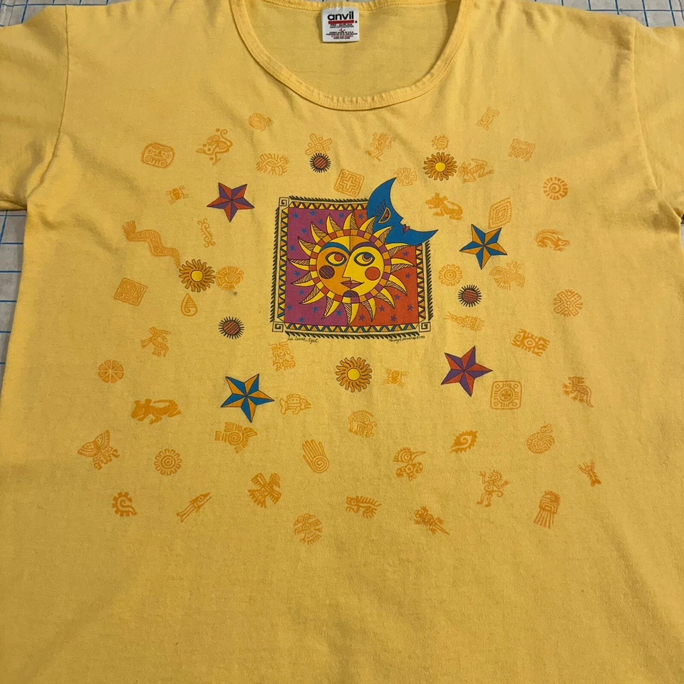 Vintage 90s Celestial T Shirt Women’s Large Yellow Top Sun Moon Zodiac Tribal - Image 4 of 4