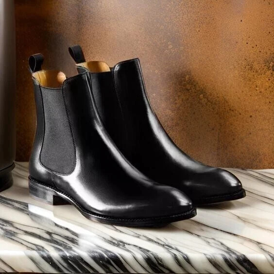 Handmade Genuine Leather Mens Black Chelsea High Ankle Boots
