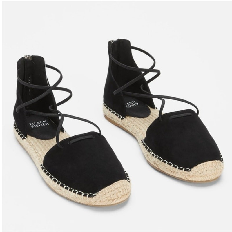 APL Nuovi sandali bassi Eileen Fisher espadrillas neri in pelle con pizzo taglia 6 5