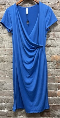 NWT 24Seven Comfort Apparel Blue Knit Faux Wrap Dress Women's Size Large