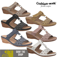 Ladies Mid Wedge T bar Slip On Mule Summer Sandals by Cushion Walk