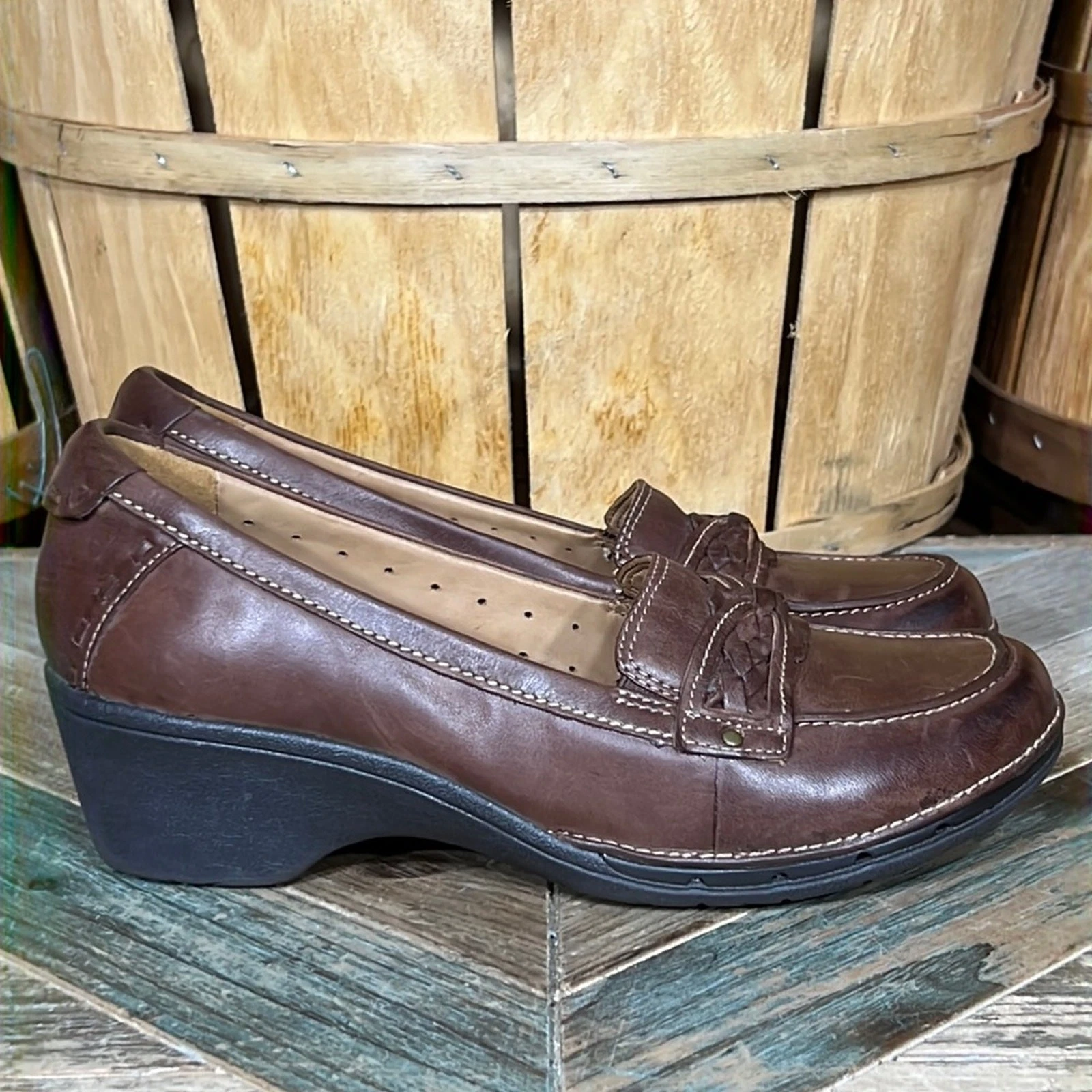 Mocassini Clarks destrutturati in pelle marrone con tacco scarpe comode da donna taglia 7 5