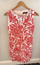 Eliza J Linen Cotton Sheath Dress Red White Damask Beaded Statement Neck Sz 2