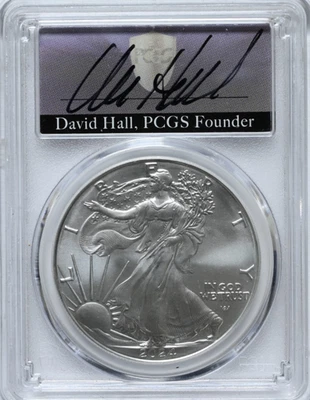 2024 (P) 1 oz Silver Eagle $1 MS 70 1st Day Issue Signed David Hall Founder - Image 1 of 2