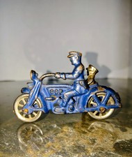 1930's Hubley Cast Iron/Nickel Blue Cop Motorcycle w/Sidecar Passenger