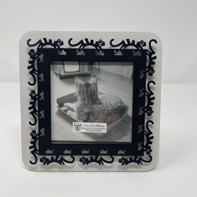 3D Picture Frame Black And White Running Cats With Mice 3.5 x 3.5 By Elsa