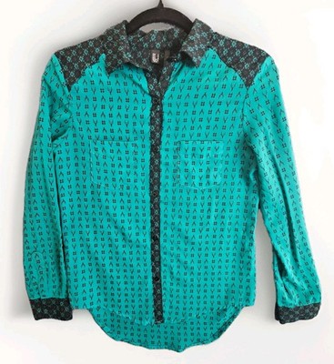 MNG Mango Casual Women Size M Green Geometric Print Long Sleeve Button Up Shirt